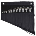 Hide & Drink's Wrench Roll (11 Pockets) displaying a collection of wrenches in a stylish black finish. This Wrench Tool Roll offers efficient hanging storage solutions for craftsmen. Crafted from durable waxed canvas, it serves as a rustic organizer, showcasing small batch production, hand cut and hand sewn features, and fire branding, artisan crafted in La Antigua Guatemala & Oaxaca Mexico.