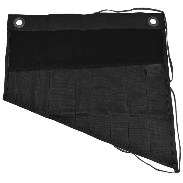 Hide & Drink's Wrench Roll (11 Pockets) presented open in black, featuring well-structured pockets for tools. This Wrench Tool Roll is a superb choice for craftsmen looking for hanging storage. Crafted from high-quality waxed canvas, this rustic organizer shows a commitment to small batch production, hand cut and hand sewn details, and fire branding, handmade in La Antigua Guatemala & Oaxaca Mexico.