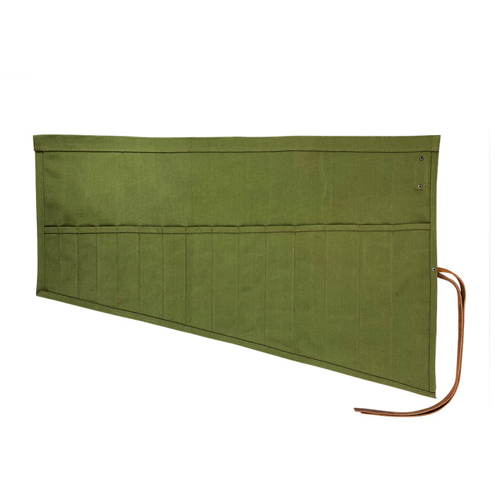 Hide & Drink Wrench Roll (15 Pockets) crafted from Water Resistant Waxed Canvas, provides a portable storage solution for wrenches, combining style and artisan quality, made in La Antigua Guatemala & Oaxaca Mexico.