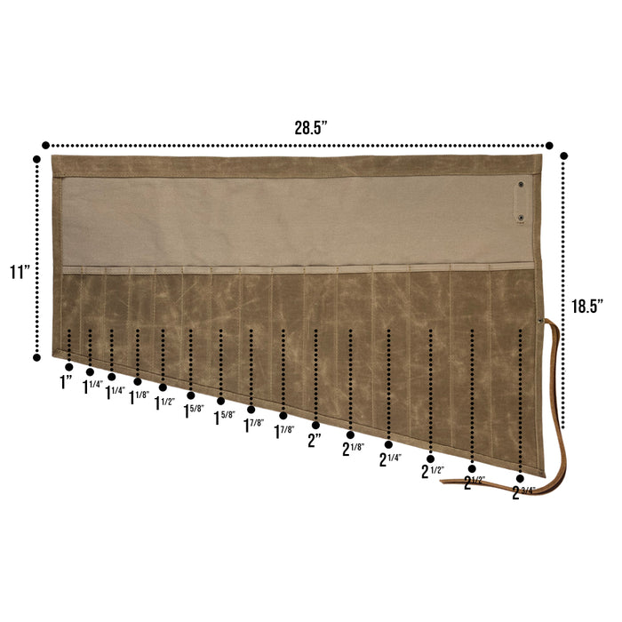 Hide & Drink Wrench Roll (15 Pockets), showcasing durable Water Resistant Waxed Canvas, a sleek pouch designed for craftspeople to store tools, handmade in La Antigua Guatemala & Oaxaca Mexico.