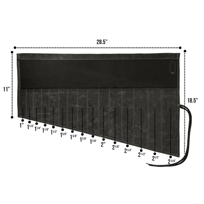 Hide & Drink Wrench Roll (15 Pockets), featuring quality Water Resistant Waxed Canvas, offers practical storage for tools, designed with craftsmanship in La Antigua Guatemala & Oaxaca Mexico.