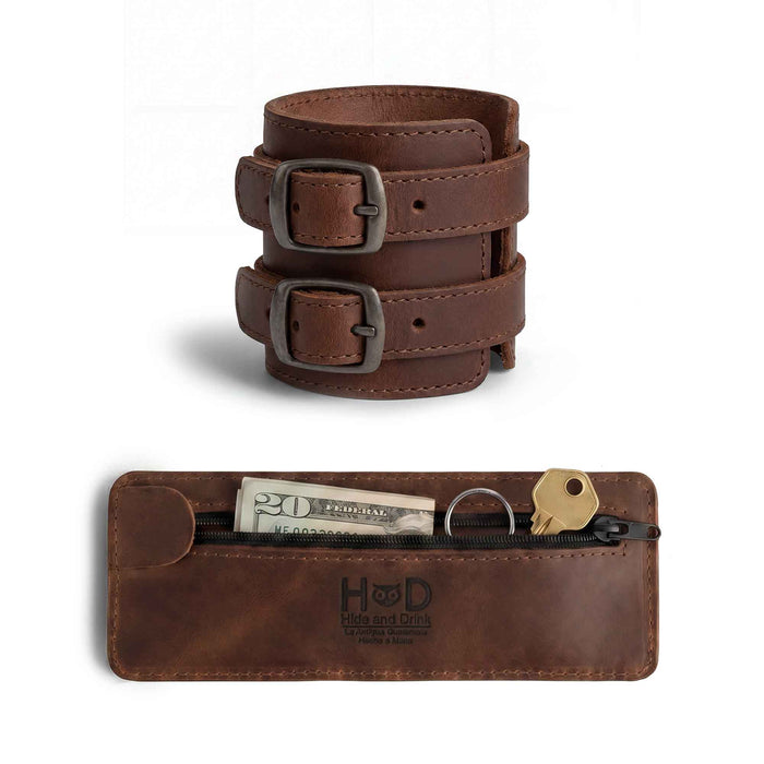 Hide & Drink's Wrist-Wallet-Cuff made from Full Grain Leather, showcasing a rustic leather bracelet design. This stylish Wrist Wallet features a hidden pouch for bills and an inner zippered pouch, perfect for keeping essentials secure. Artfully handmade in La Antigua Guatemala & Oaxaca Mexico through small batch production, it features hand-cut and hand-sewn craftsmanship. Ideal for those looking for an artisan touch and durability.