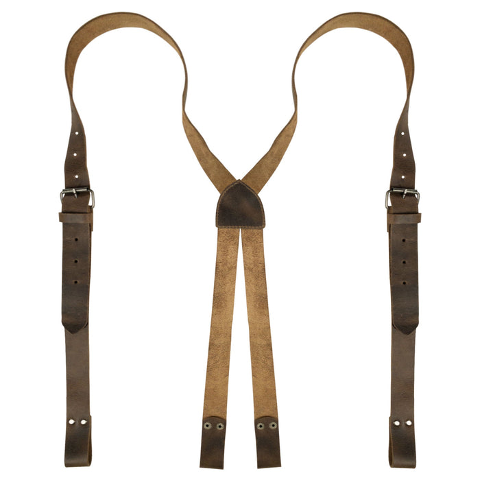 X Back Formal Suspenders with Belt Loops by Hide & Groom, featuring adjustable straps crafted from full grain leather. Ideal for groomsmen, formal wear at weddings, and dinner parties, these suspenders showcase small batch production, hand cut and sewn quality, and artisan craftsmanship from La Antigua Guatemala.