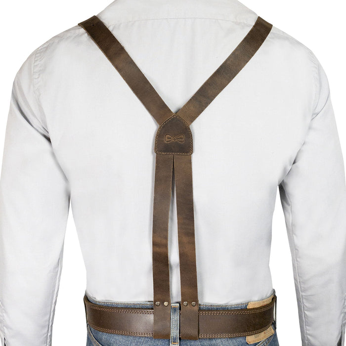 The back view of Hide & Groom's X Back Formal Suspenders with Belt Loops, showcasing a stylish design that's perfect for formal wear. Created with adjustable straps and full grain leather, these suspenders are hand cut and sewn in La Antigua Guatemala, ideal for groomsmen and dinner parties.