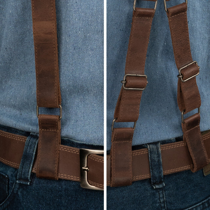 Close-up of Hide & Groom's X Back Formal Suspenders, showcasing their unique design and craftsmanship in full grain leather. Ideal for weddings, these suspenders offer shoulder support and adhere to the groom's dressing code, blending style and functionality perfectly. Handmade and fire branded by artisans in La Antigua Guatemala, they reflect small batch production excellence.