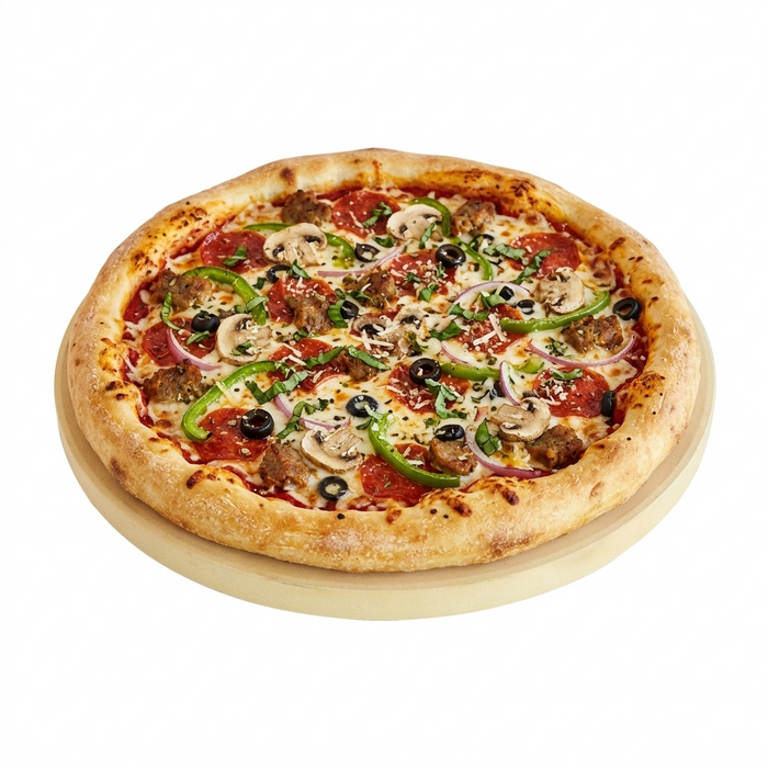 FENNEK Pizzastein XL mit einer fertigen Pizza darauf