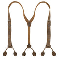Y Back Button End Suspenders by Hide & Groom, showcasing a classic Y-back design perfect for groomsmen and best men. These suspenders, made from full grain leather, are ideal for wedding ceremonies and dinner parties. Featuring small batch production, they are hand cut, hand sewn, and fire branded, emphasizing artisan craftsmanship from La Antigua Guatemala.