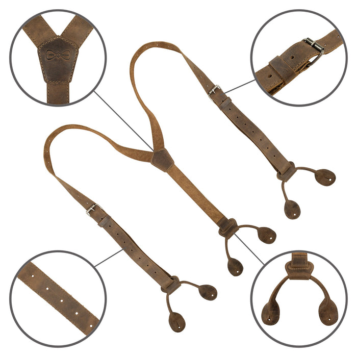 Detailed view of Y Back Button End Suspenders by Hide & Groom, featuring various components like straps and buttons. These suspenders are perfect for bachelors and groomsmen, crafted from full grain leather for durability. Handmade in Guatemala, they embody quality through small batch production and artisan techniques.