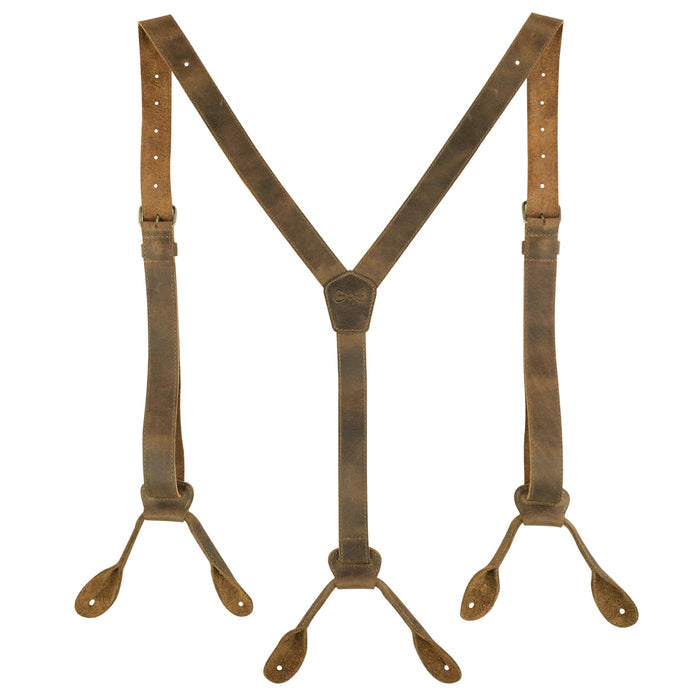 Y Back Button End Suspenders by Hide & Groom displayed with a perfect Y-back shape, suited for weddings and dinner parties. Each pair is made from high-quality full grain leather, showcasing the dedication to artisan craftsmanship through hand cutting and sewing, emphasizing unique style and durability.