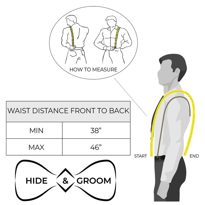 Illustration of how to measure for Y Back Button End Suspenders by Hide & Groom. Ideal for groomsmen and best men, these suspenders offer a stylish solution for events. Designed from full grain leather, they are handmade and fire branded, ensuring a perfect fit for any occasion in La Antigua Guatemala.