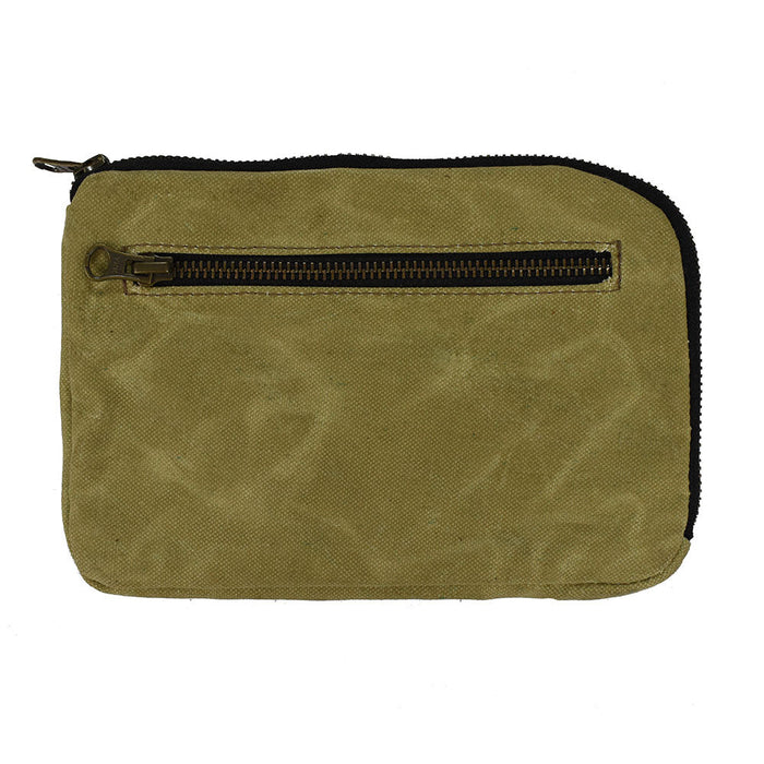 Back view of Hide & Drink's Zipper Gear Pouch showcasing its quality and durability, made from water resistant waxed canvas, ideal as a camping and travel accessory.