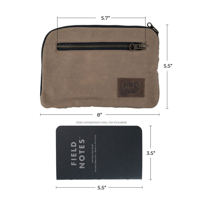Size depiction of Hide & Drink's Zipper Gear Pouch highlighting its dimensions, emphasizing its compact nature suitable for on-the-go needs, crafted from water resistant waxed canvas.