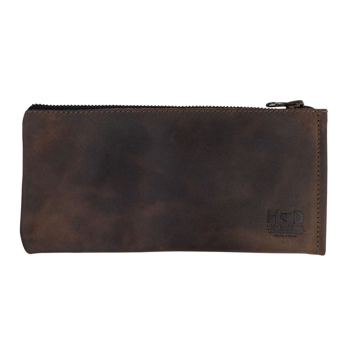Hide & Drink Zipper Wallet featuring a sleek front view. This handcrafted zippered bag is a Rectangular Wallet with Inner Card Slots, designed from luxurious Full Grain Leather. Great for everyday use, this Rustic Card Holder and Travel Accessory showcases stockyardX's Artisan touch, emphasizing Small Batch Production, Hand Cut, and Hand Sewn artistry. Handmade in La Antigua Guatemala & Oaxaca Mexico.