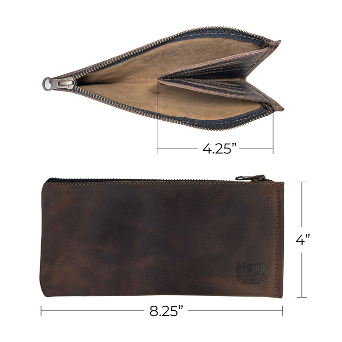 Hide & Drink Zipper Wallet with detailed dimensions showcasing its design. This compact zippered bag is the perfect Rectangular Wallet with Inner Card Slots made from Full Grain Leather. A great Rustic Card Holder ideal for travel, it embodies stockyardX's dedication to Small Batch Production, Hand Cut, and Hand Sewn quality. Handmade in La Antigua Guatemala & Oaxaca Mexico.