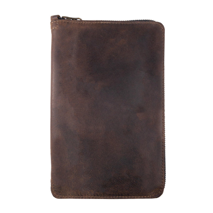 Hide & Drink Zippered Journal Cover for Moleskine (Notebook NOT Included) in rich brown full grain leather, perfect protector sleeve for your notes. Handmade in La Antigua Guatemala, showcasing small batch production, hand cut, and sewn craftsmanship.