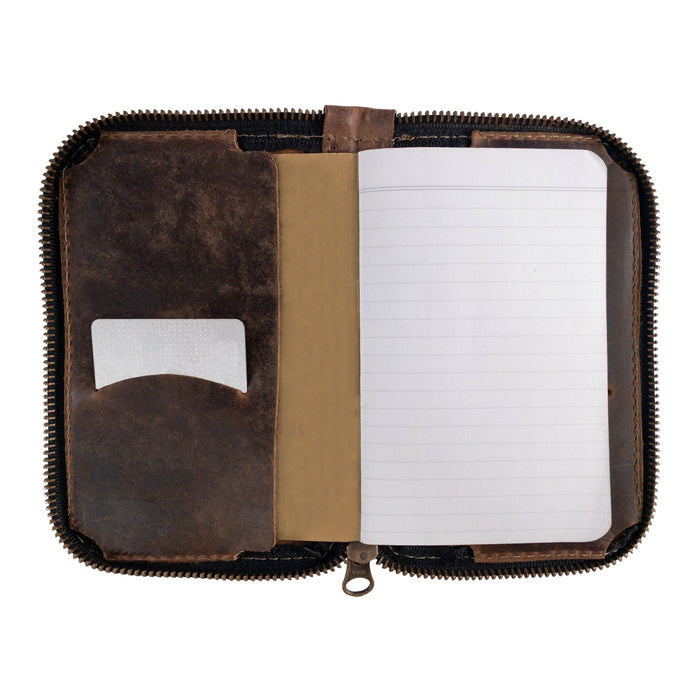 Interior view of Hide & Drink's Zippered Journal Cover for Moleskine (Notebook NOT Included), featuring a compartment for cards and a lined pad. Made from full grain leather, highlighting artisan workmanship from La Antigua Guatemala.