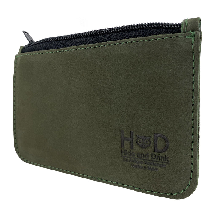 Side angle of Hide & Drink Zippered Wallet, demonstrating its sleek design and practical use as a Coin Organizer. This wallet is crafted from Full Grain Leather in a small batch production setting in La Antigua Guatemala and Oaxaca, Mexico.