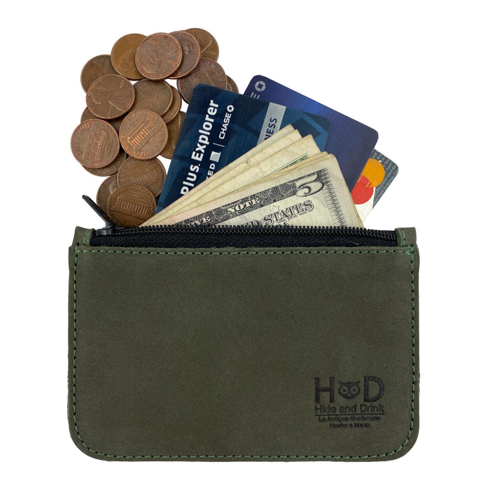 Hide & Drink Zippered Wallet displaying coins, cards, and bills, emphasizing its role as a Card Case and Folded Bills Storage. This artisan-crafted wallet is a perfect blend of functionality and style.