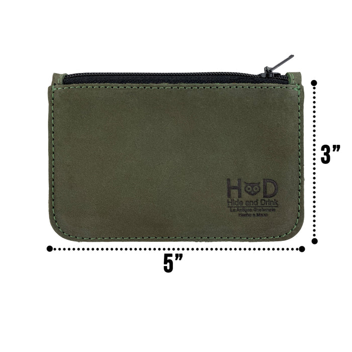 Hide & Drink Zippered Wallet with a business card, perfect for professionals. This sleek storage solution for cards and bills is made from Full Grain Leather, showcasing artisan craftsmanship and small batch production.